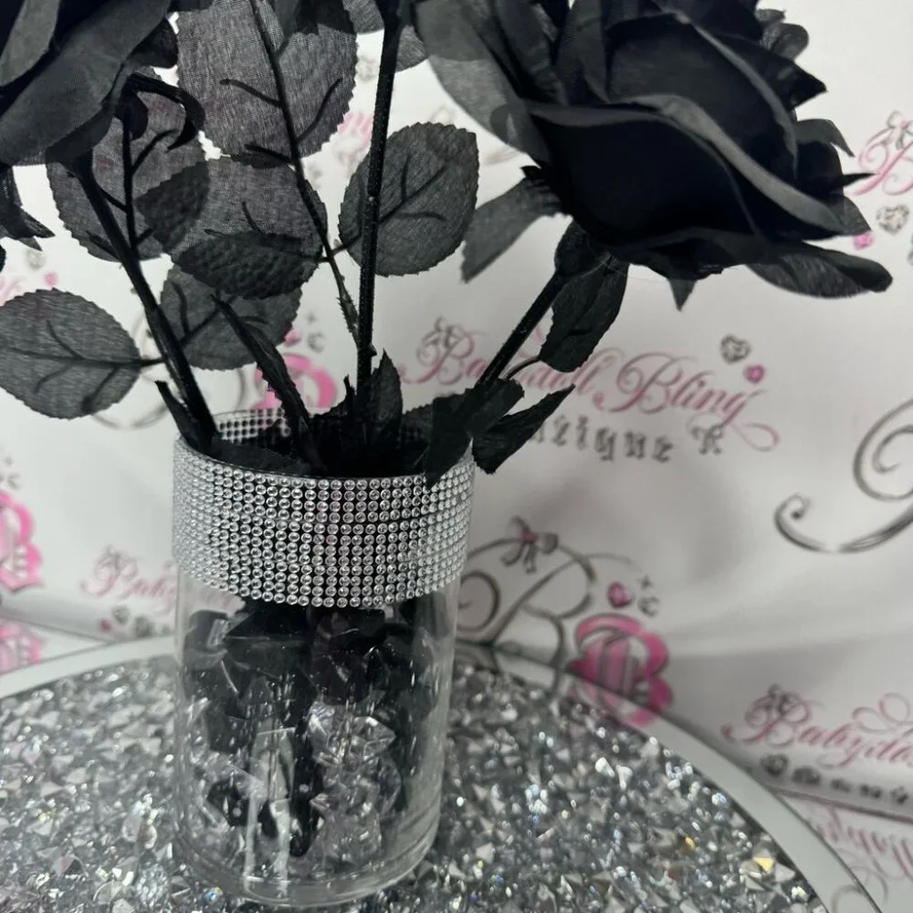 Roses vase sparkly diamond bling black roses black clear pebbles gothic bouquet